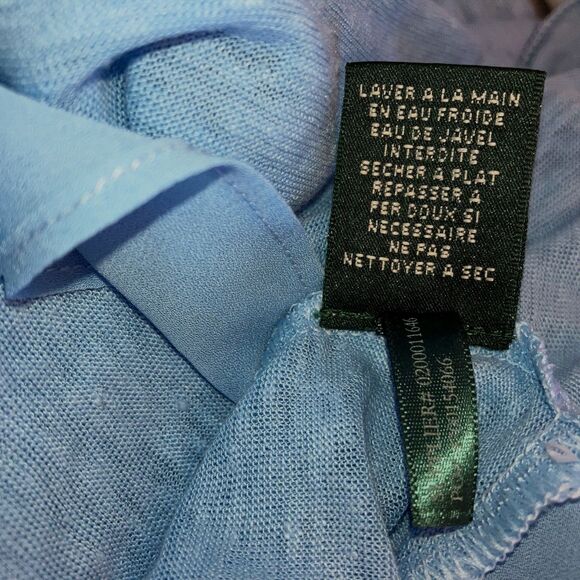 LAUREN RALPH LAUREN size S 100% Linen Knit Blue Tunic Blouse Top Chiffon Trim - Picture 5 of 5